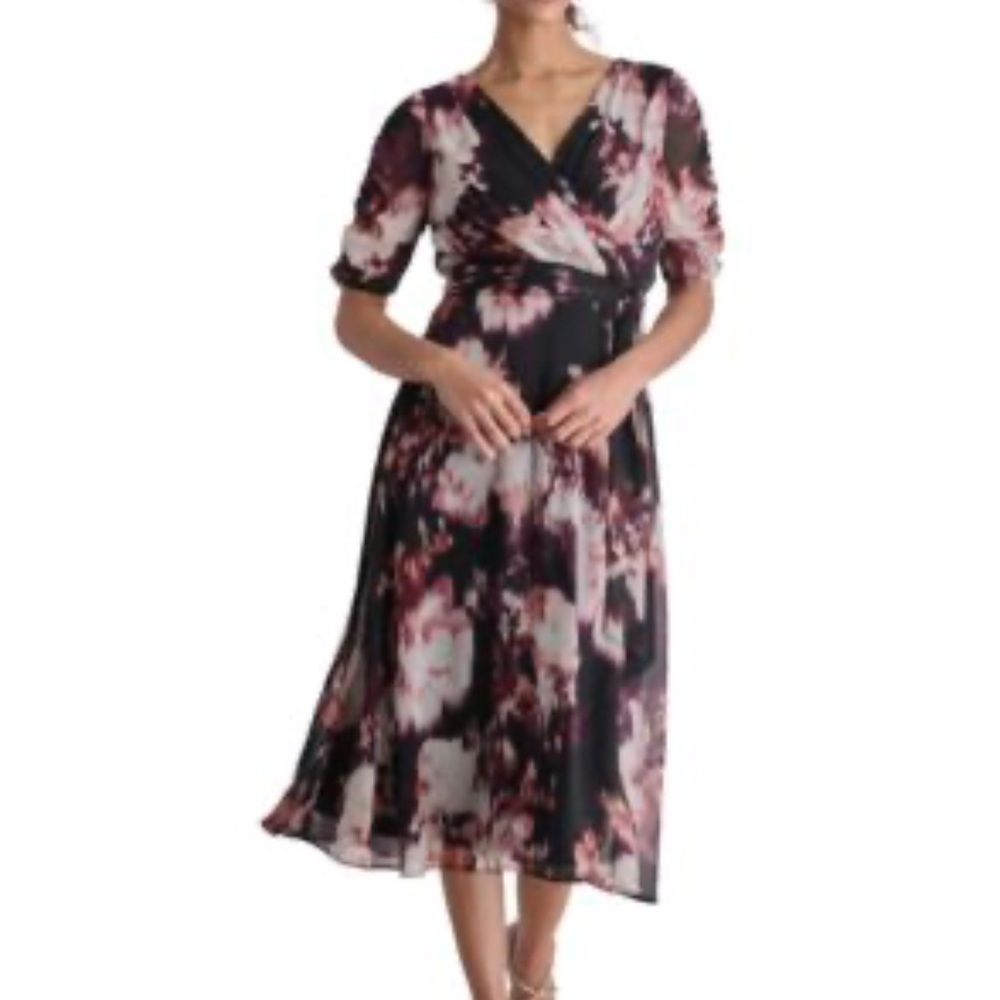 DKNY Pink and White Ruffled Tiered Midi Dress
